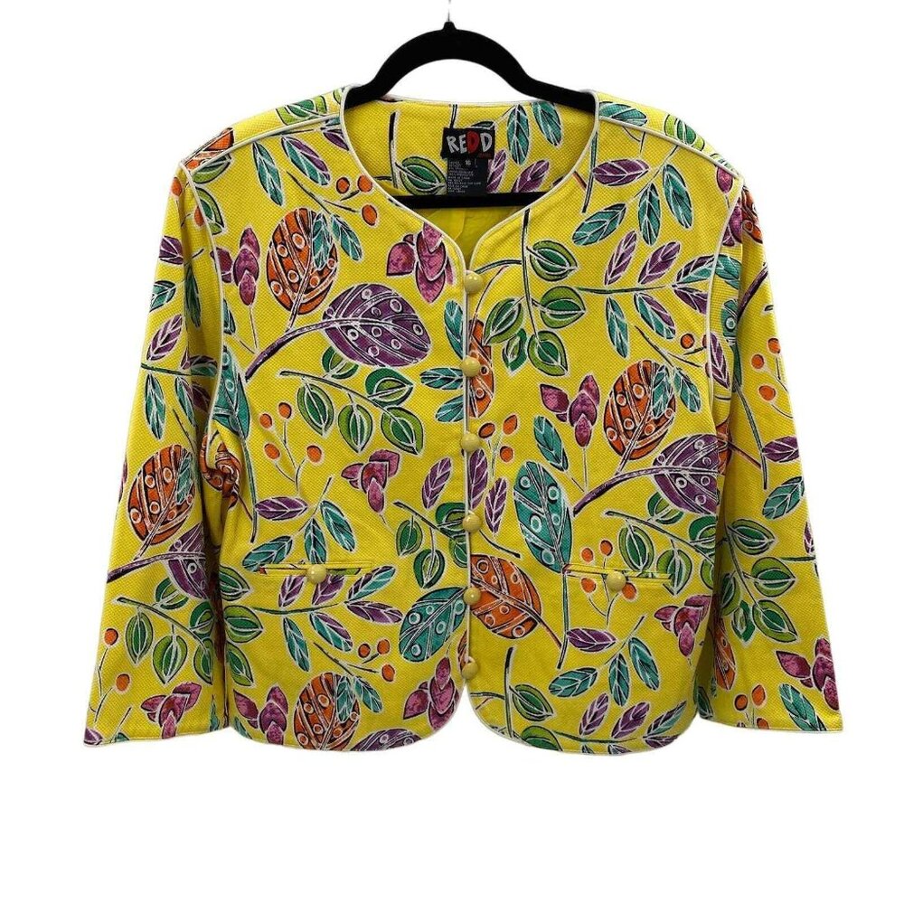 REDD Jeans Blazer Jacket‎ Womens 16 Spring Yellow Floral Textured Cotton Vintage
